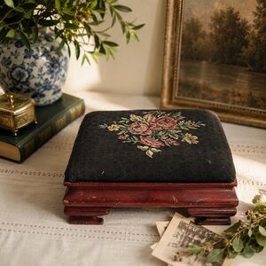 Antique Wooden Footstool With Floral Needlepoint Embroidered Top